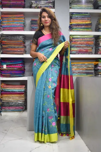 PURE LINEN JARI BORDER NEW EXCLUSIVE FLORAL MULTICOLOURED EMBROIDERY WORK YARN DYED SAREES